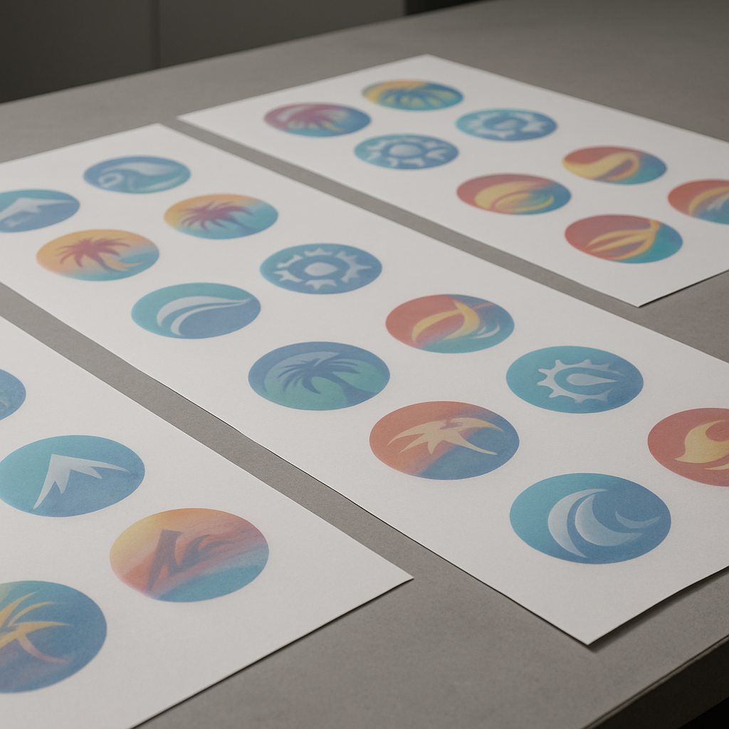 Three sheets of printed stickers with colorful circular designs on a table.