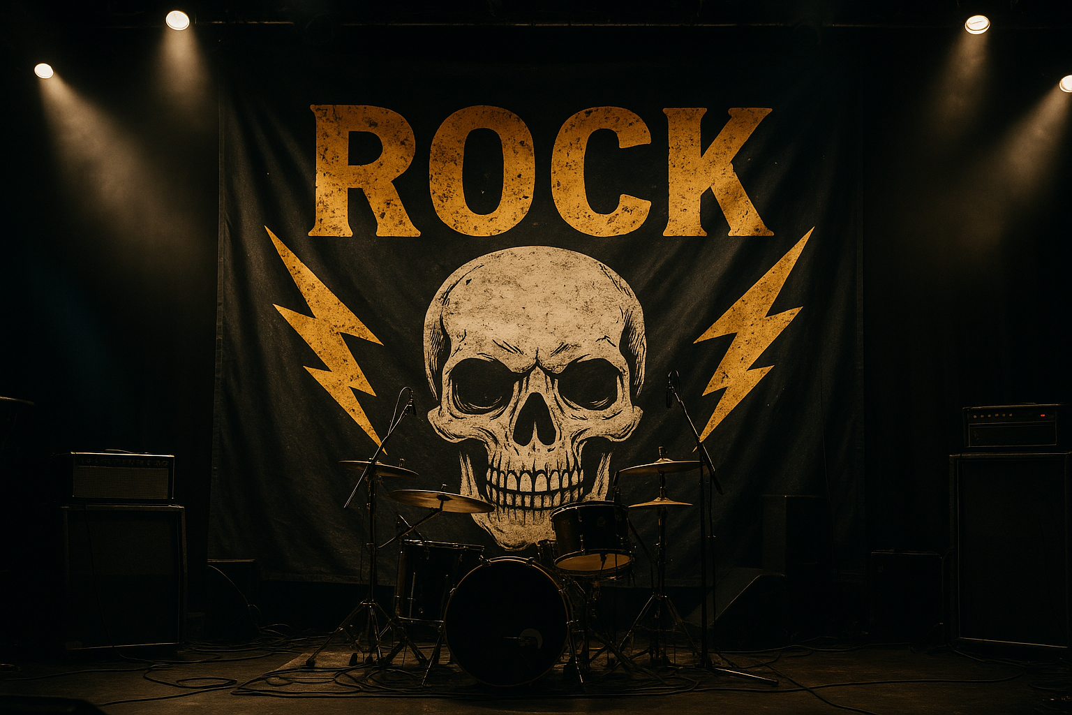Stage with a skull banner that reads 