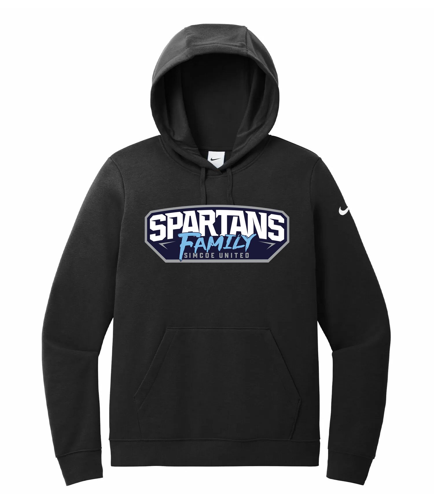 Black hooded sweatshirt with "SPARTANS FAMILY" logo in blue and white. Nike logo on sleeve.