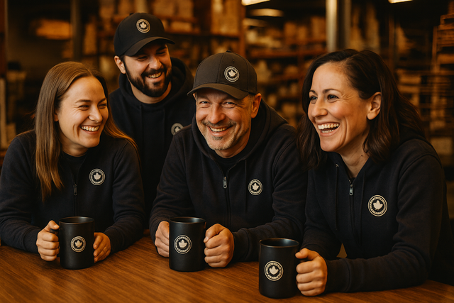 Four smiling people in dark sweatshirts and hats holding coffee mugs. Inside a warehouse work setting.