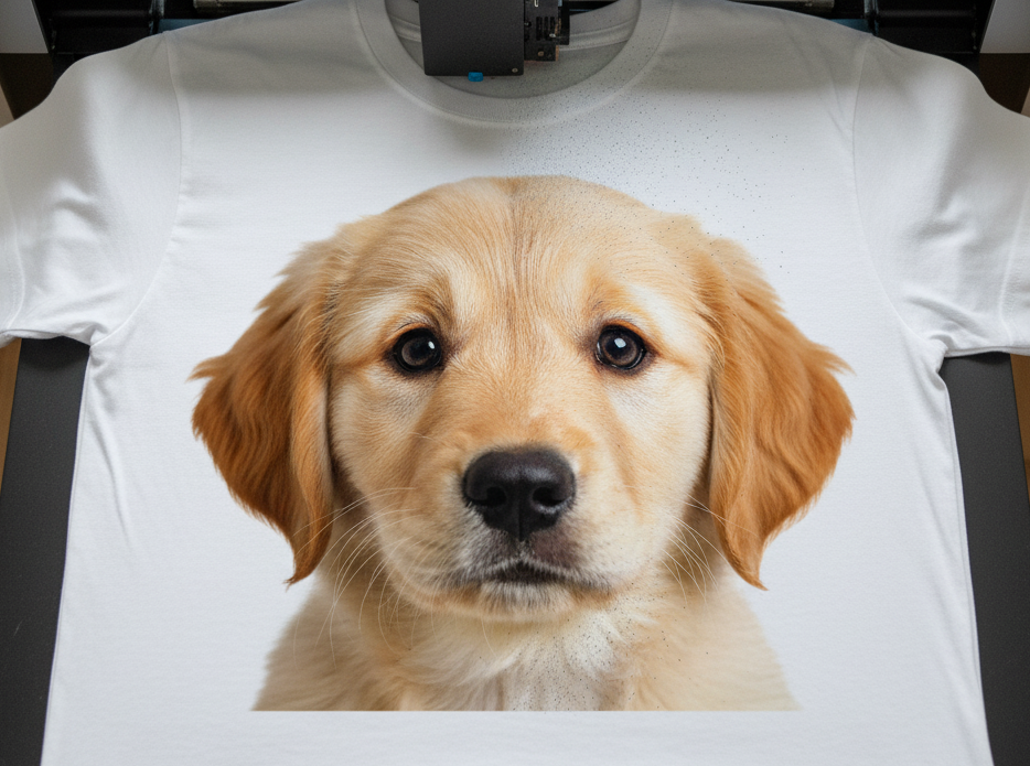 Epson printer printing a golden retriever puppy on a white t-shirt.