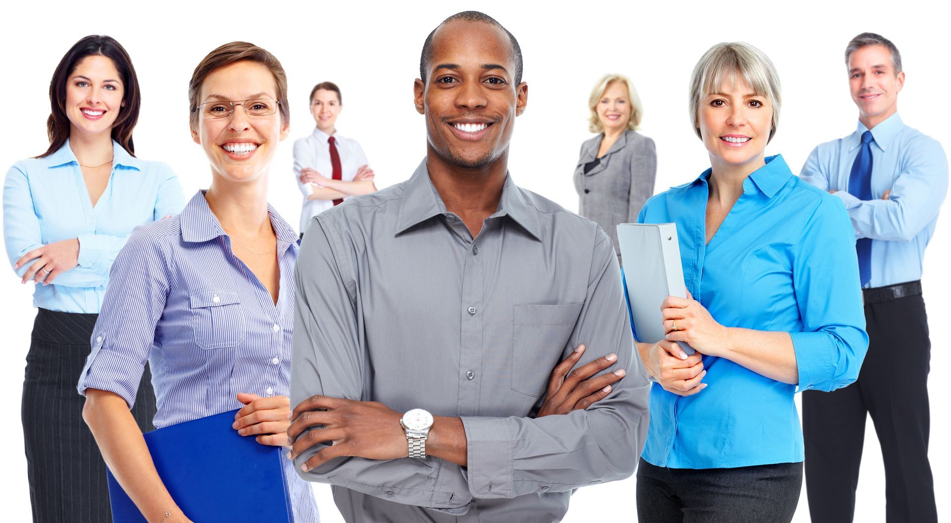 Group of diverse business professionals smiling, arms crossed.