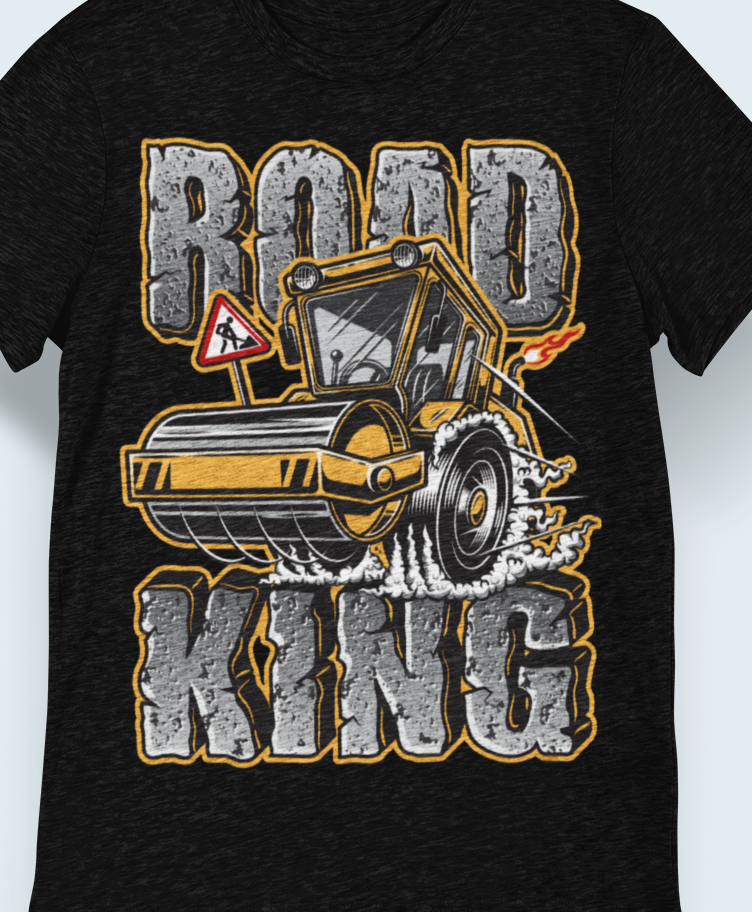 Black t-shirt with a yellow road roller. Text reads