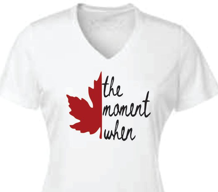 White v-neck t-shirt with a red maple leaf graphic and the text