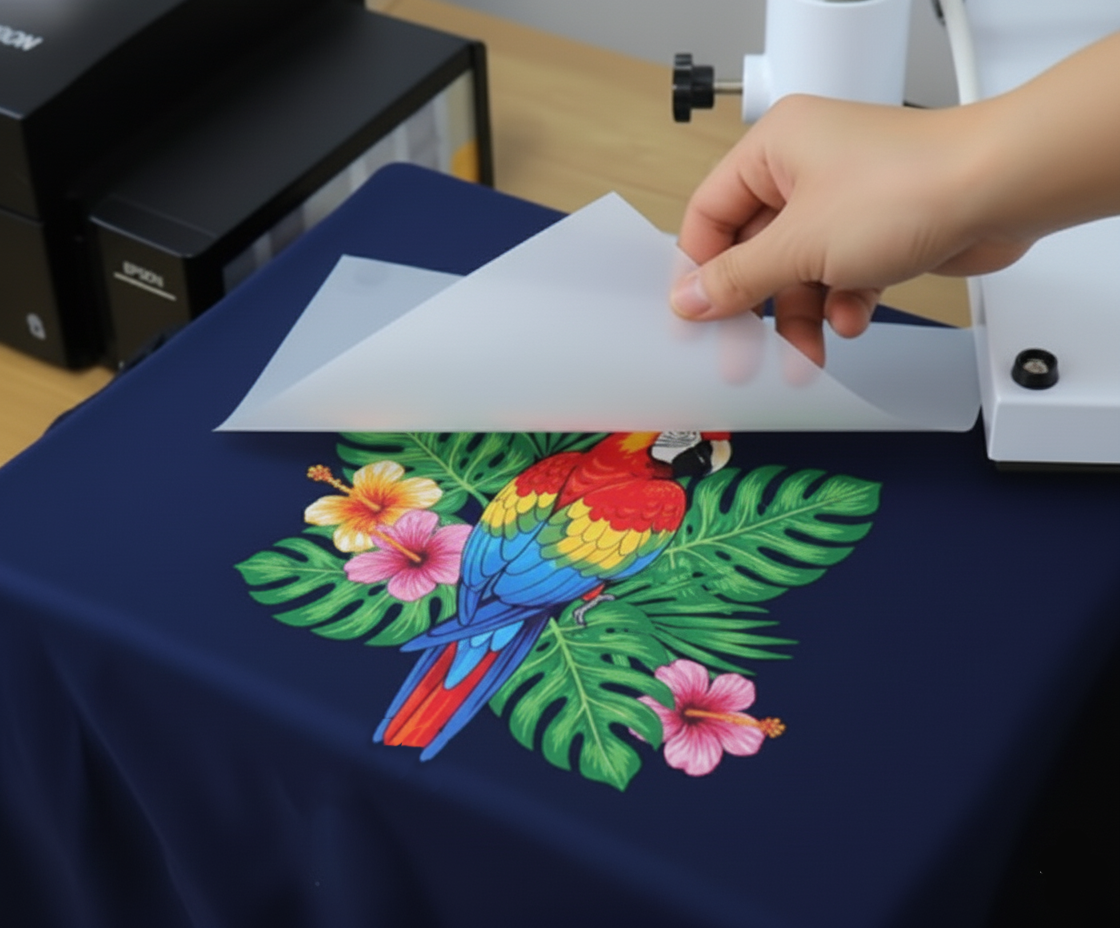 Hand lifting transfer sheet from a printed parrot design on a navy t-shirt.