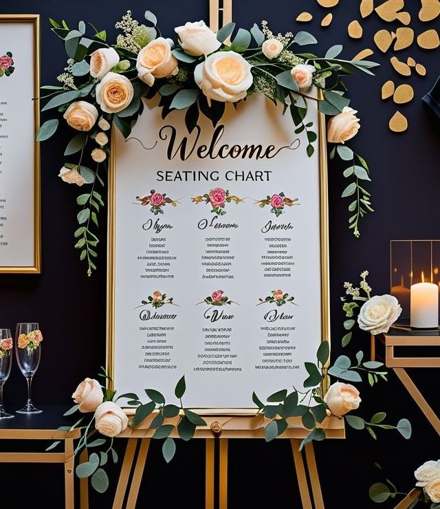 Wedding seating chart with floral decorations. Welcome sign on easel, dark background, gold accents.