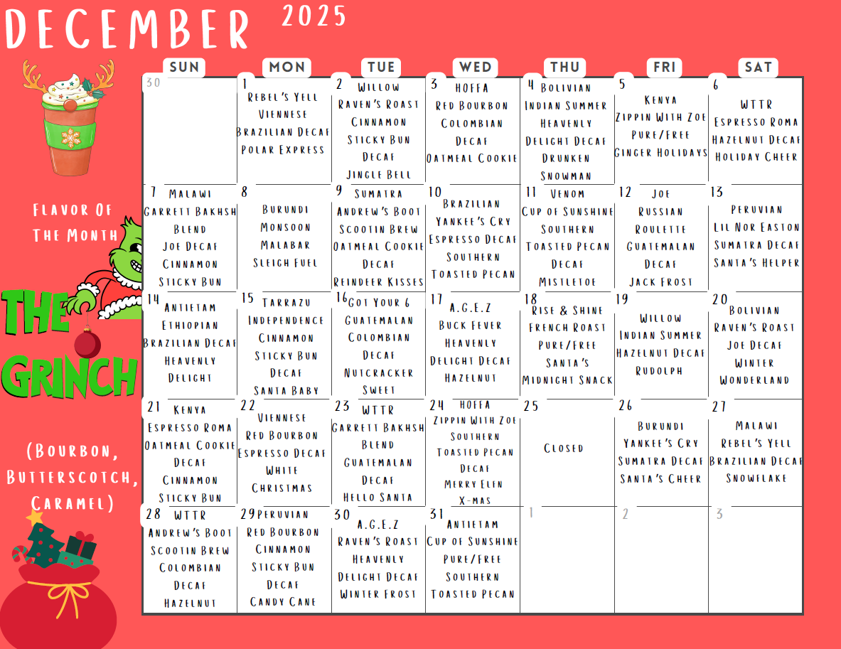 December 2025 calendar with daily Grinch-themed treats. Festive red background, Grinch, and holiday details.