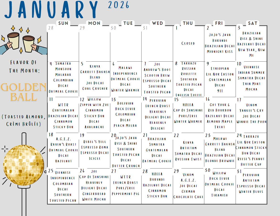 January 2026 calendar with event listings. Features a golden ball graphic and coffee mugs for a New Year theme.