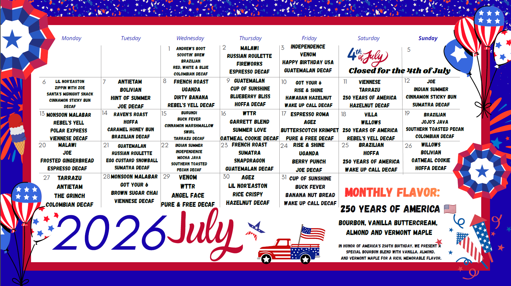 July 2026 patriotic monthly calendar with red, white, and blue stars and fireworks graphics