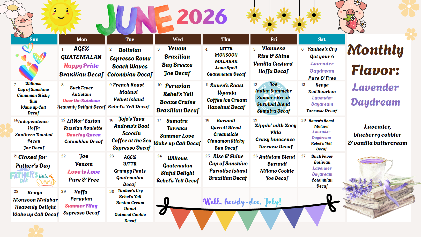 June 2026 monthly calendar with colorful school-themed doodles and lavender-themed flavor note