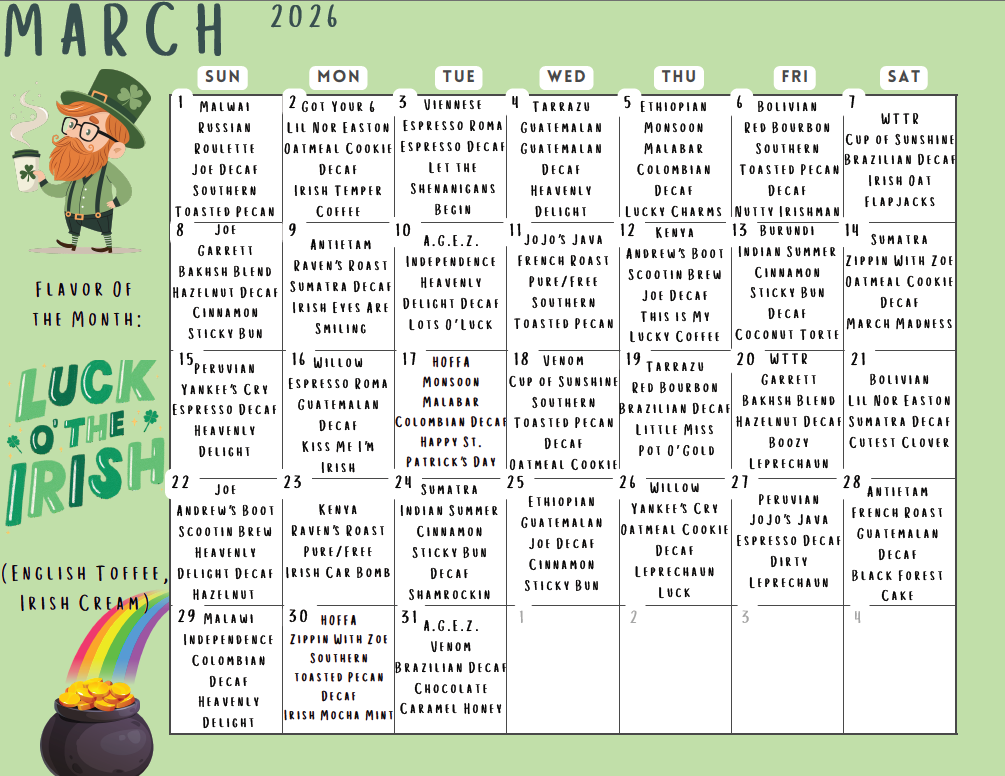 March 2026 calendar with Irish theme, featuring a leprechaun, a pot of gold, and shamrocks.