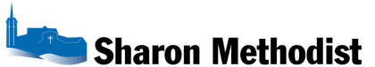 A logo for sharon methodist with a blue building in the background