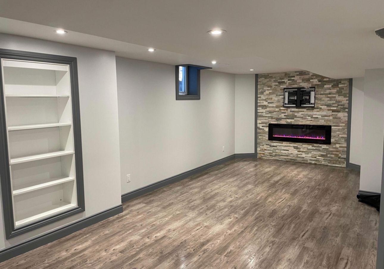 There is a fireplace in the middle of the room.