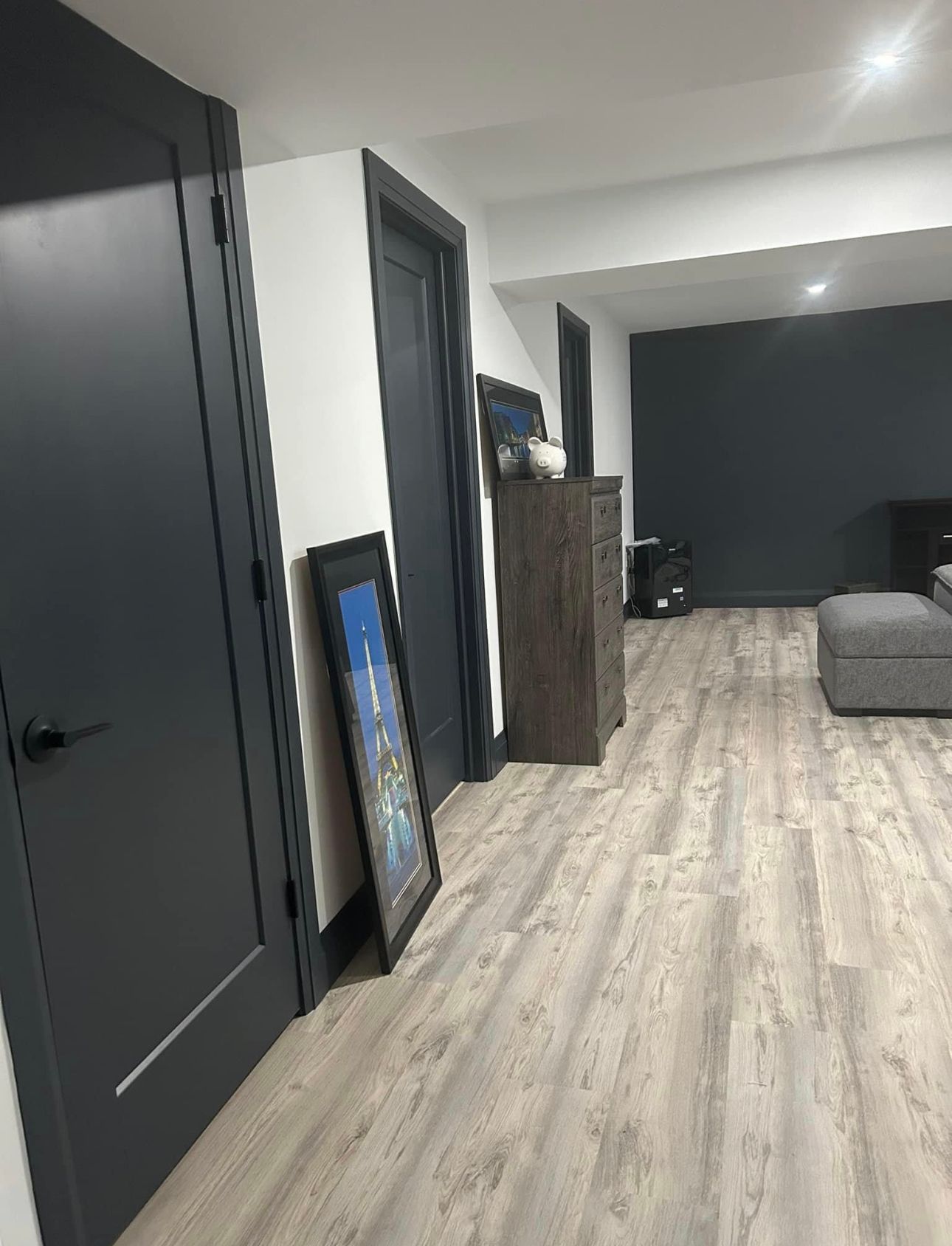 A living room with hardwood floors and black doors.