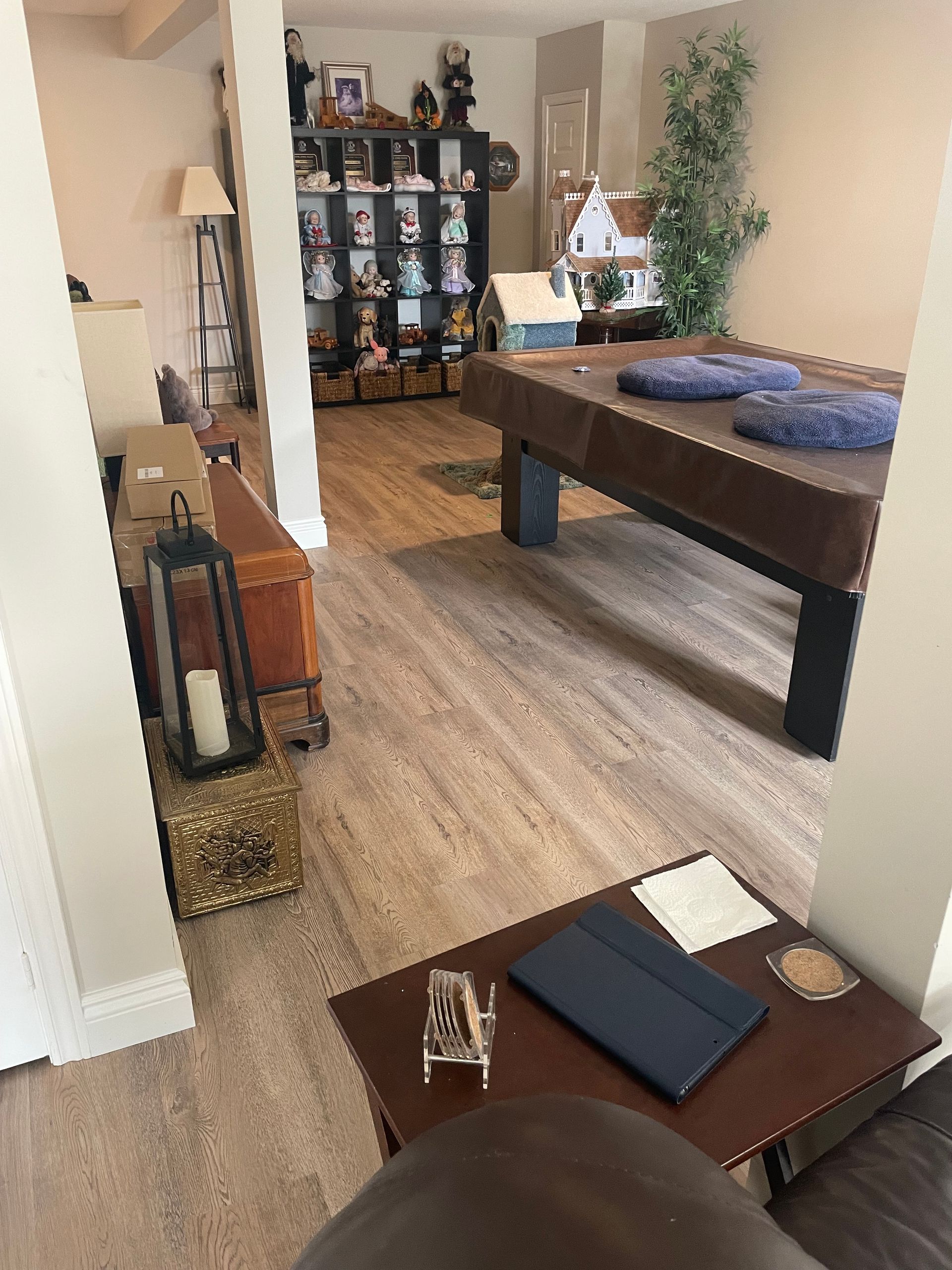 A living room with a pool table and a coffee table
