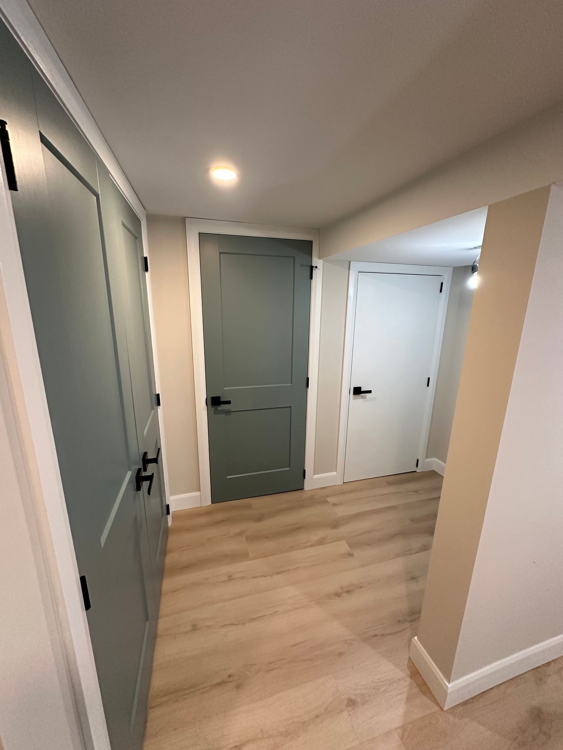 A hallway with a lot of doors and a wooden floor