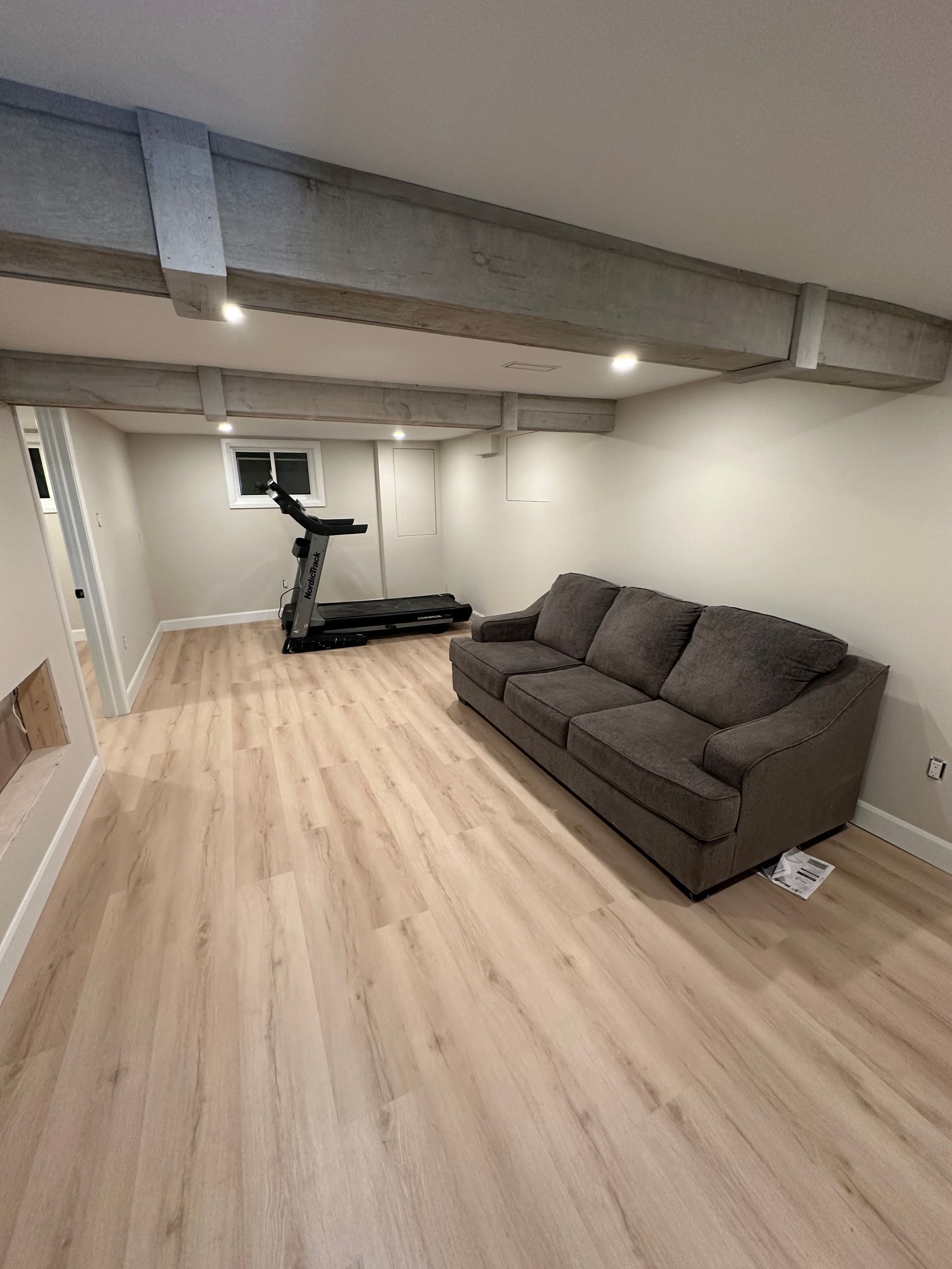 A living room with a couch and a treadmill.
