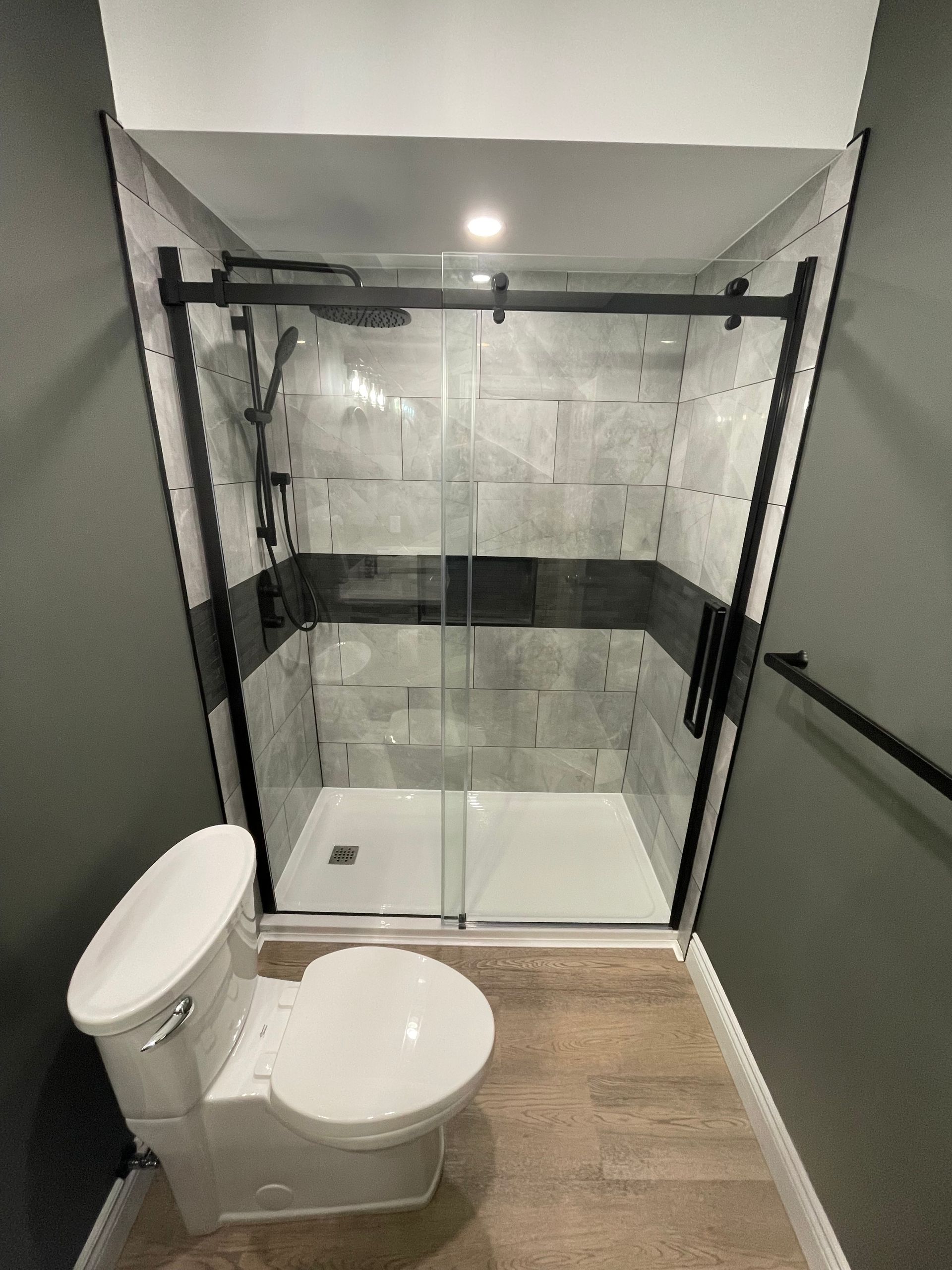 A bathroom with a toilet and a walk in shower.