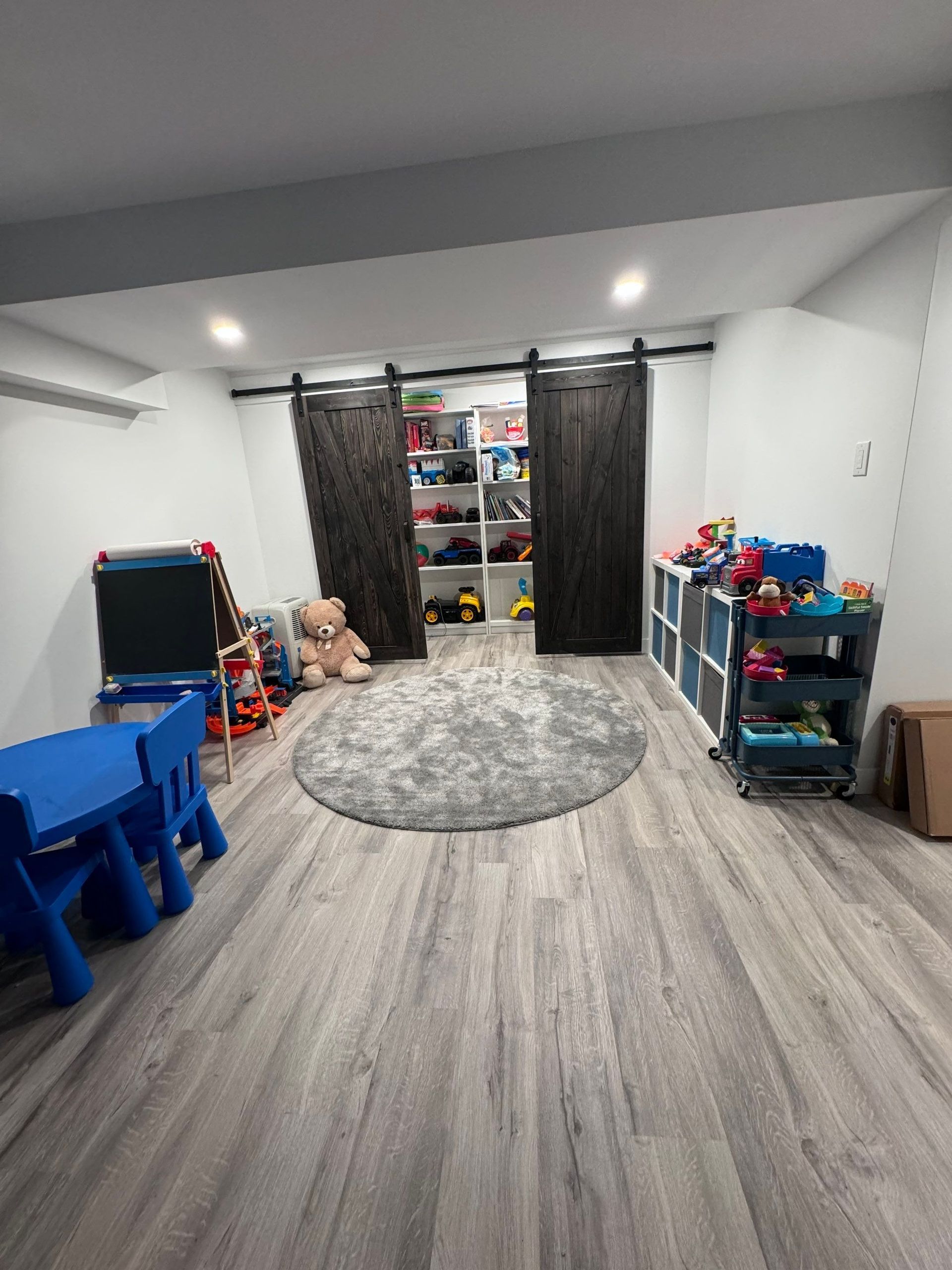 A play room with sliding barn doors and lots of toys.