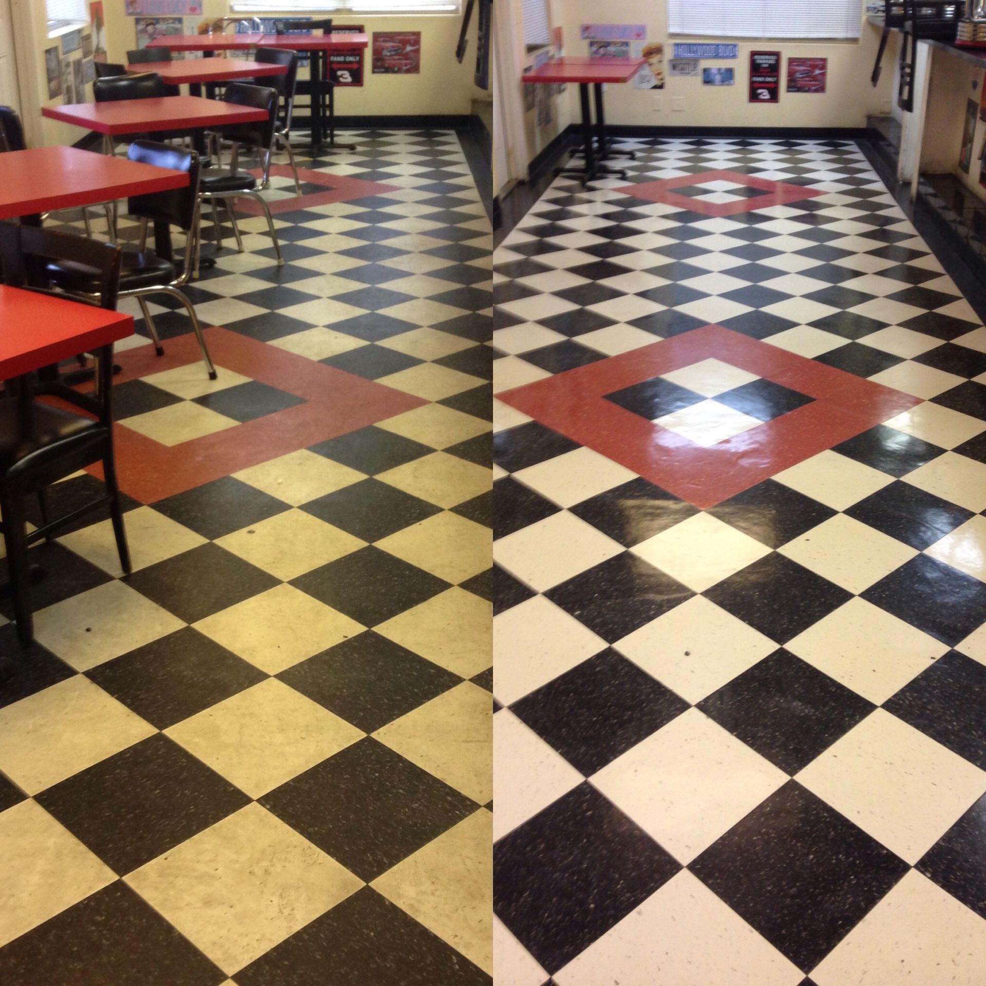 a before and after photo of a checkered floor