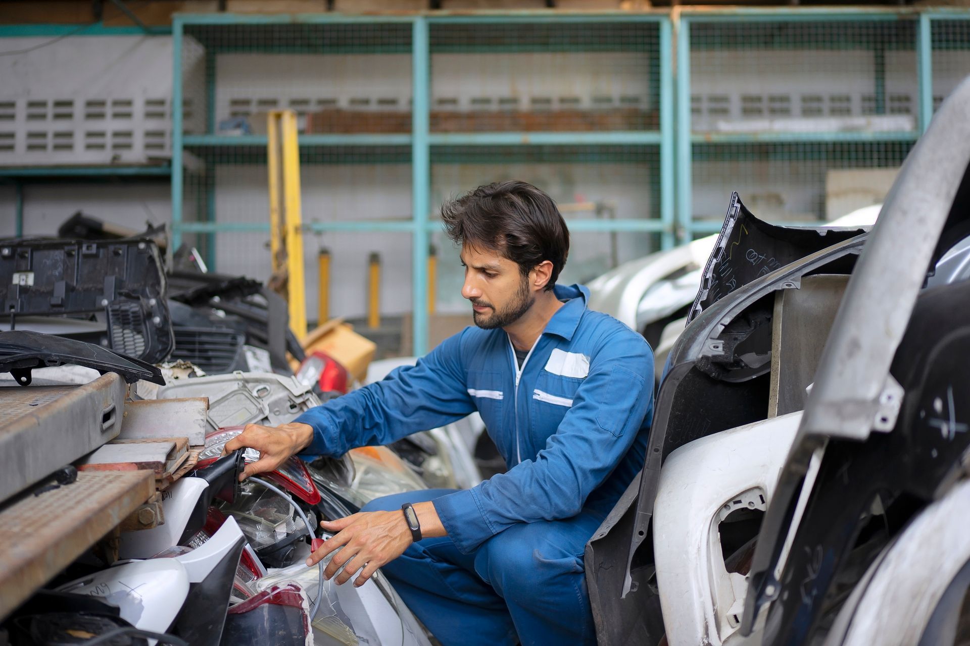 A man in a blue jumpsuit is working on a car in a garage.