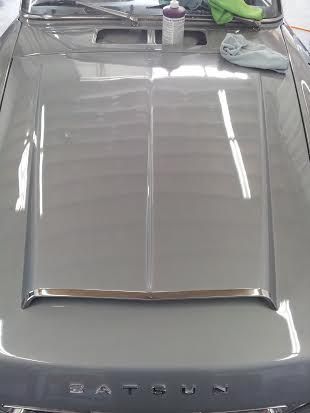 A close up of the hood of a car.