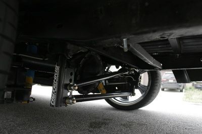 A close up of the underside of a car 's suspension system