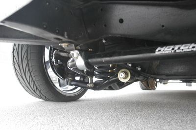 A close up of the underside of a car with a tire