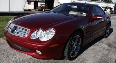 A red mercedes is parked on the side of the road