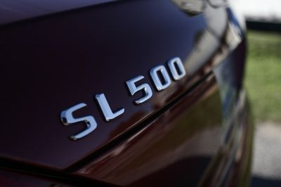 A close up of the back of a mercedes benz sl 500
