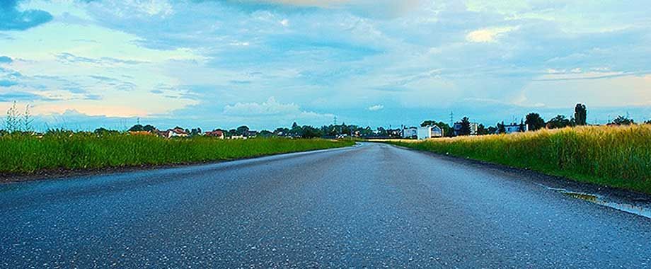 A road going through a grassy field