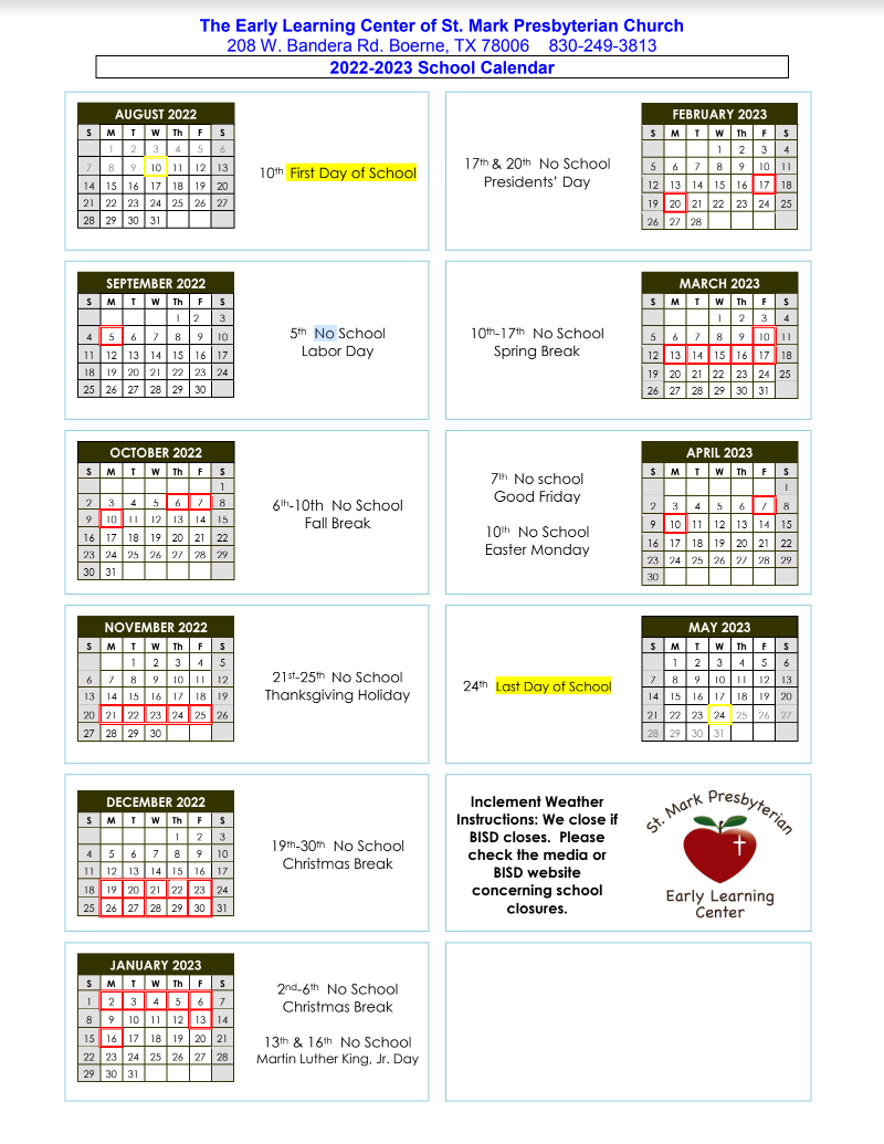 School Calendar of The Early Learning Center in Boerne, Texas