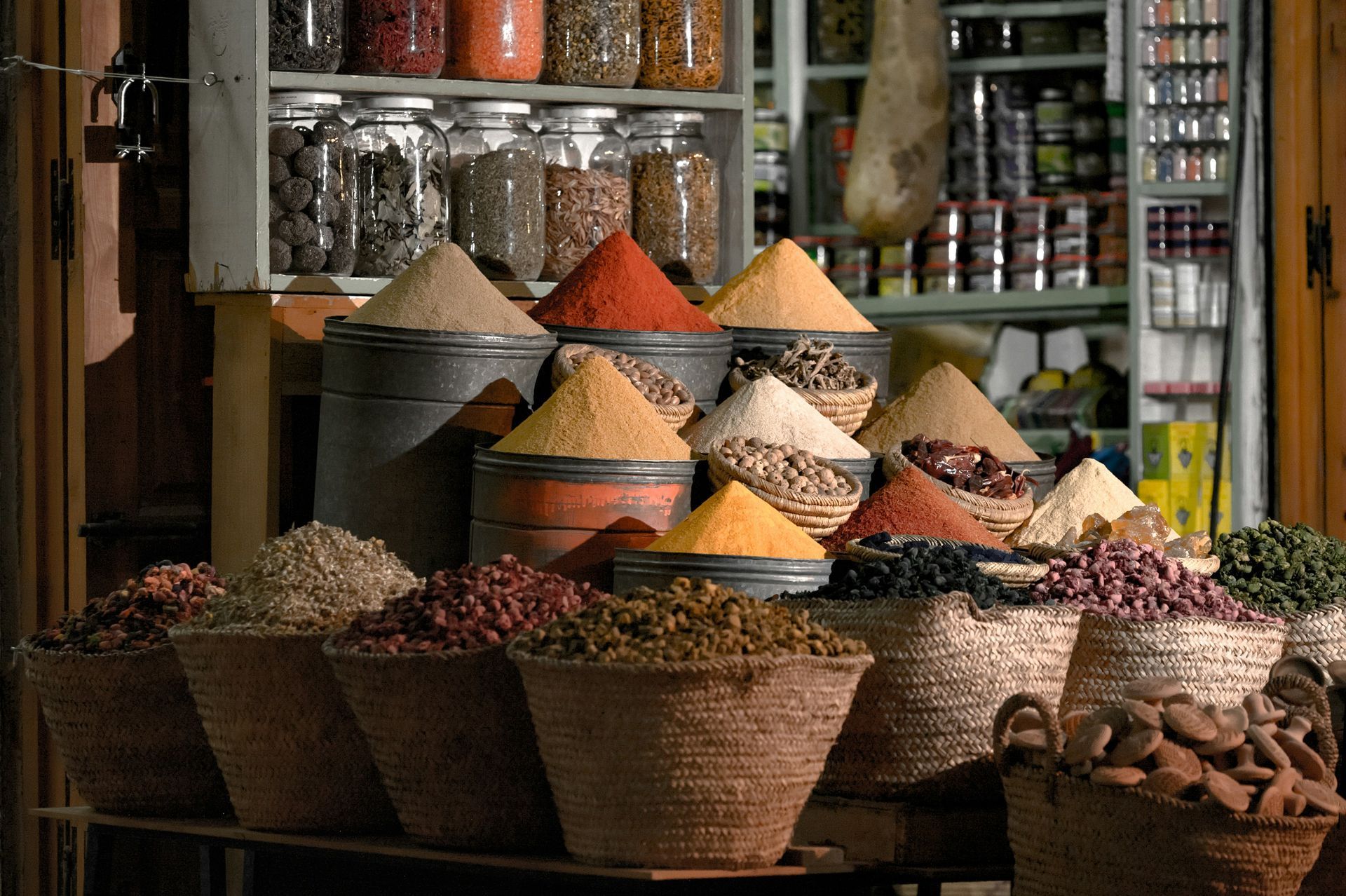 A variety of spices are stacked on top of each other