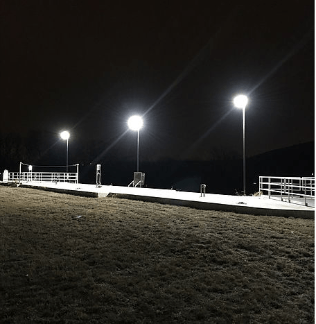 A row of street lights are lit up at night