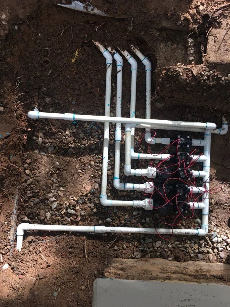 A bunch of white pipes are laying in the dirt.