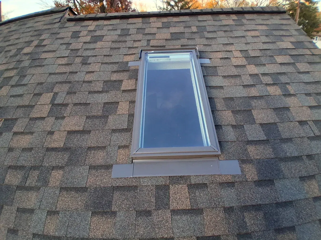 Roof skylight on a shingled roof with a narrow vertical window