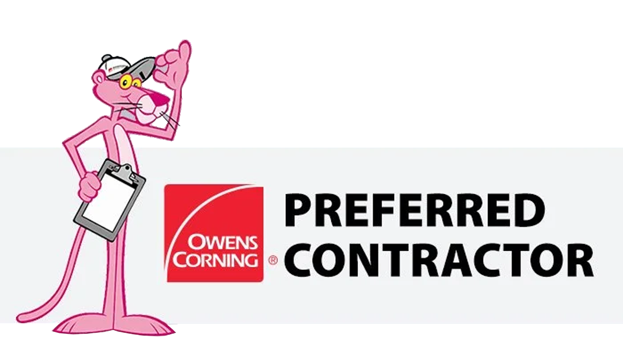 Pink Panther beside Owens Corning “Preferred Contractor” logo on a white background