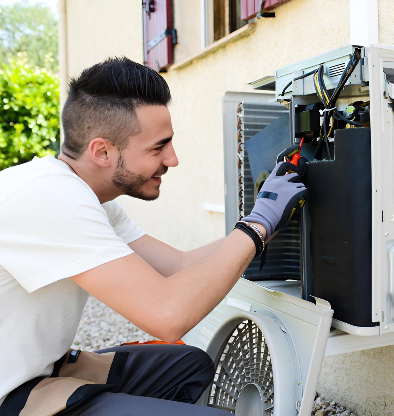 A Man Wearing Gloves Is Working On An Air Conditioner — Steve Mason Electrical In Port Macquarie, NSW