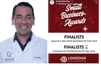 doctor gino's portrait next to a small business awards finalists poster.