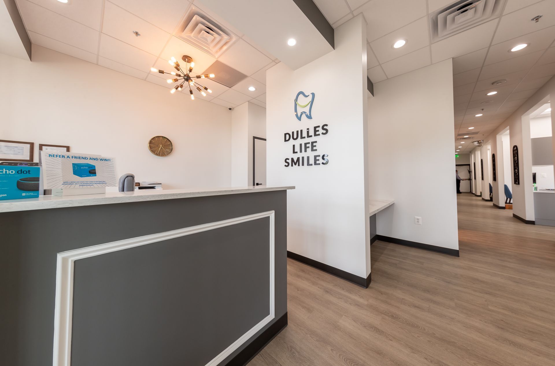 The reception desk at Dulles Life Smiles dentist in Ashburn.