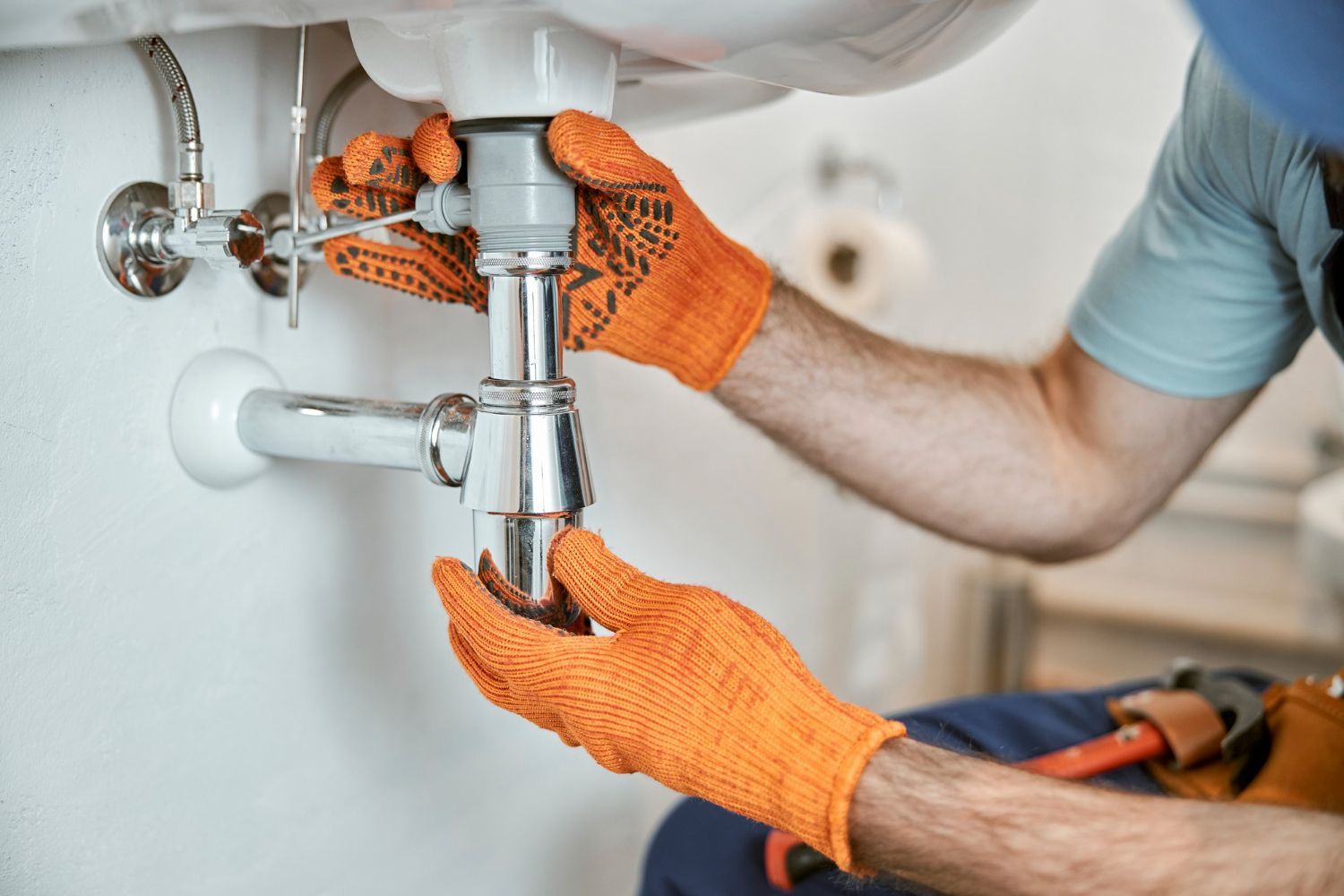 A plumber is fixing a sink pipe in a bathroom.