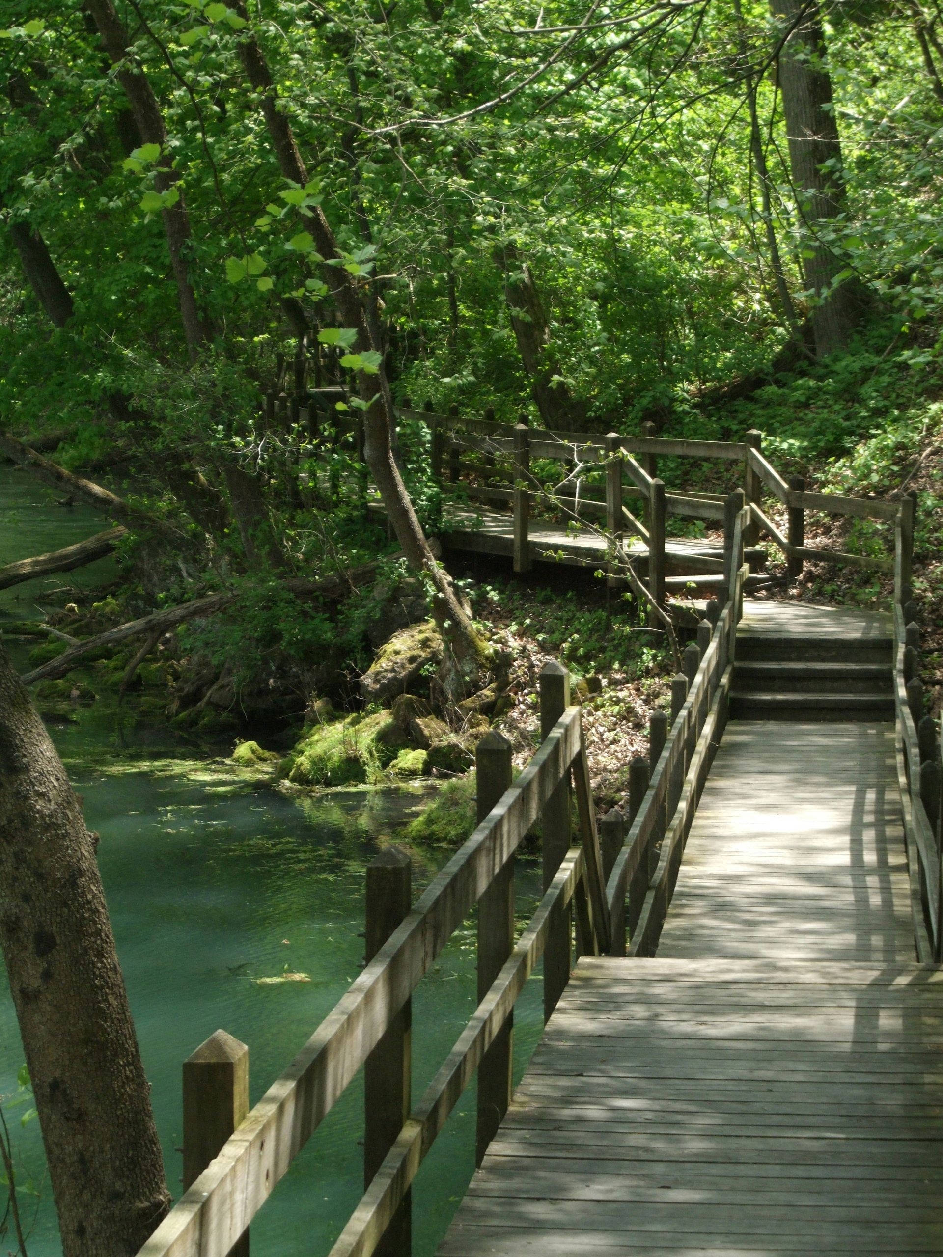 A waterfall is surrounded by rocks and trees
