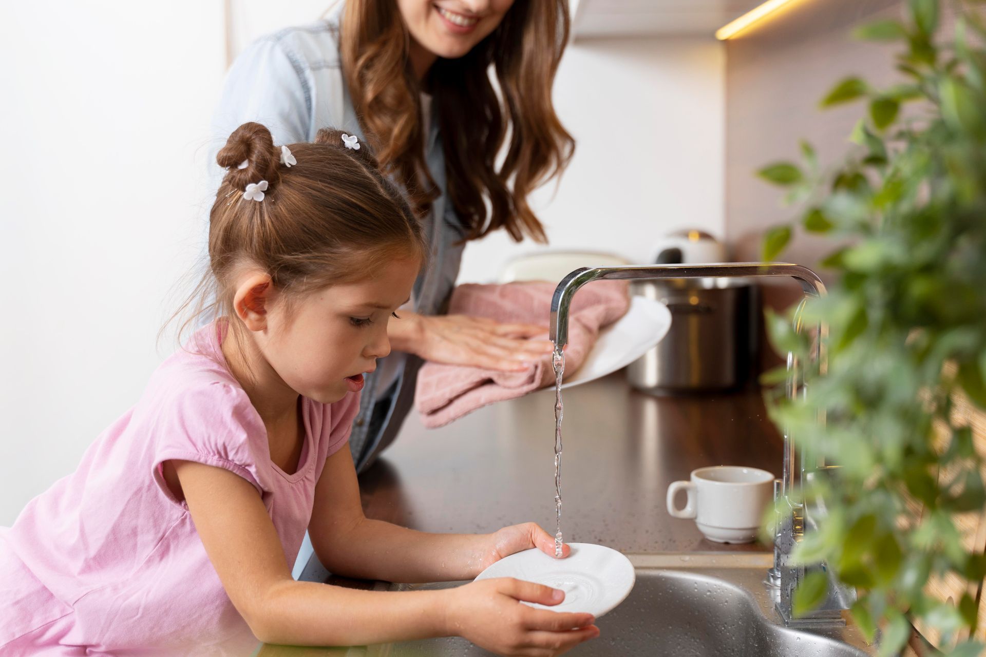 A woman and a little girl are washing dishes in a kitchen sink.