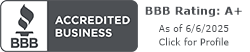 A bbb logo that says accredited business as of 6/6/2025