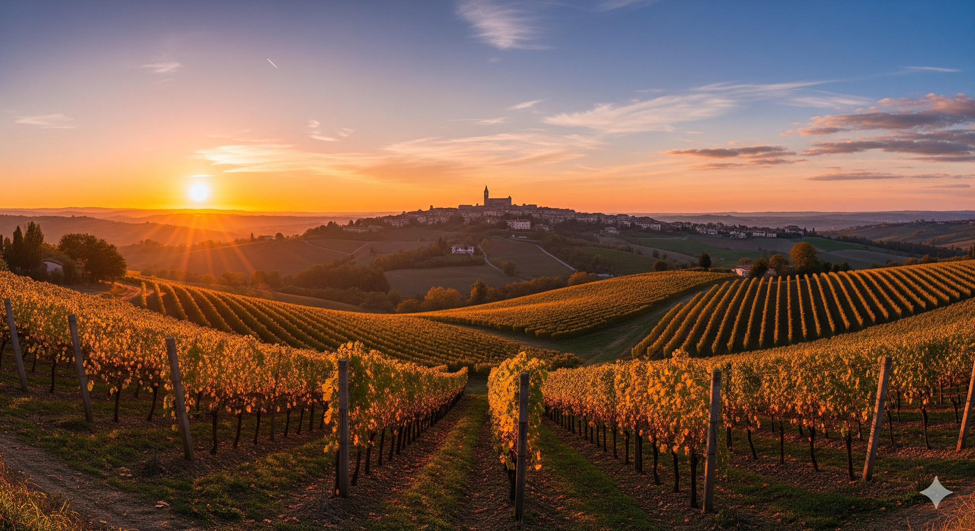 Tramonto su un vigneto con filari di viti che conducono a una cittadina collinare in Italia.