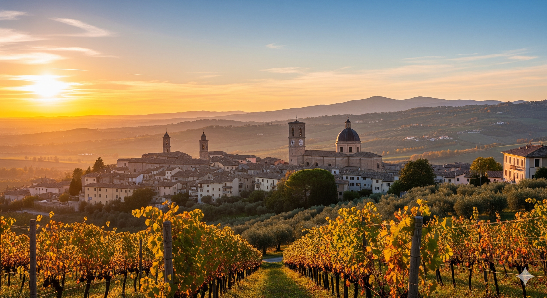 Vigneto al tramonto con un villaggio italiano in lontananza. Filari d'uva in primo piano, luce dorata.