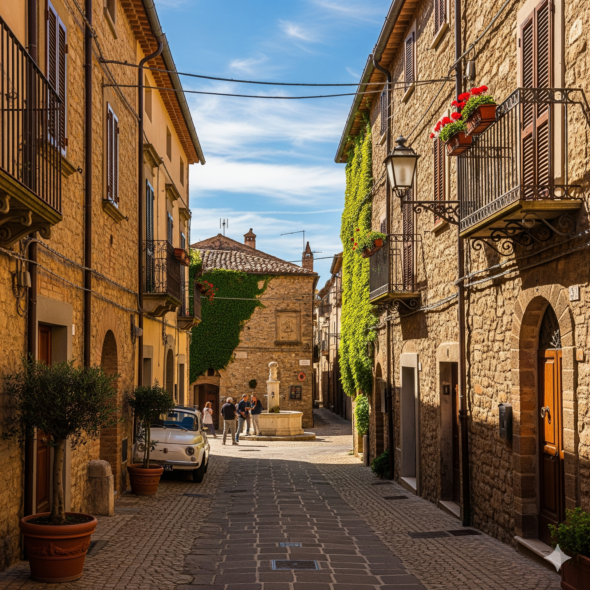 Stretta strada acciottolata in una città italiana, edifici in pietra, balconi con fiori, piccola auto parcheggiata.