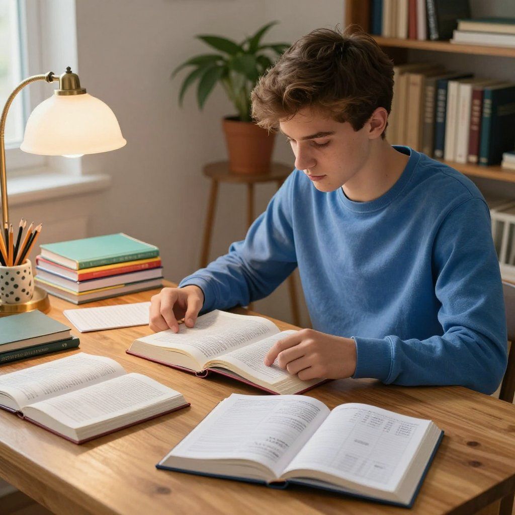 Young person studies at a desk with several open books, under a desk lamp, in a room with a bookshelf.