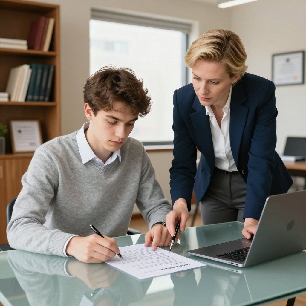 A woman assists a person filling out paperwork at a desk with a laptop, books, and a window.