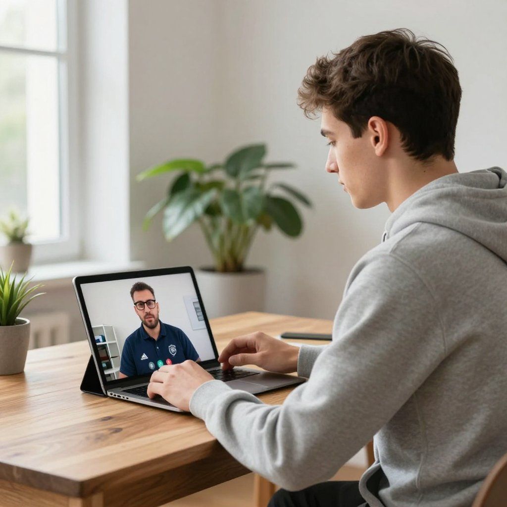Young person in gray hoodie using laptop for video call. Tutor on screen, plants, and window visible.